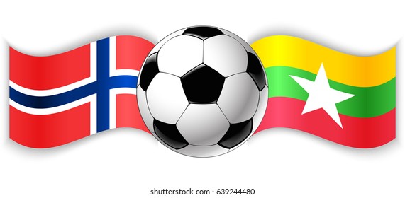 Norwegian and Burmese wavy flags with football ball. Norway combined with Burma isolated on white. Football match or international sport competition concept.
