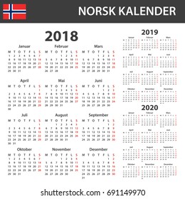 Norwegian Calendar for 2018, 2019 and 2020. Scheduler, agenda or diary template. Week starts on Monday