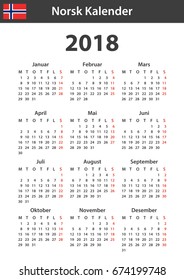 Norwegian Calendar for 2018. Scheduler, agenda or diary template. Week starts on Monday