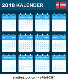 Norwegian Calendar for 2018. Scheduler, agenda or diary template. Week starts on Monday