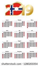 Norwegian calendar 2019 with numbers in circles, week starts on Sunday. 2019 with flag of Norway