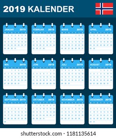 Norwegian Calendar for 2019. Scheduler, agenda or diary template. Week starts on Monday