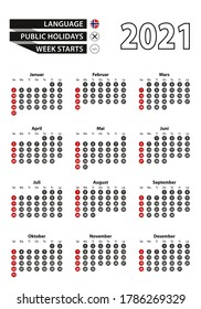 Norwegian calendar 2021 with numbers in circles, week starts on Sunday. 2021 with flag of Norway. Vector calendar 2021.