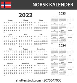 Norwegian Calendar for 2022-2024. Scheduler, agenda or diary template. Week starts on Monday