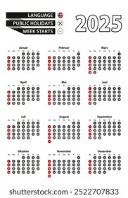 Calendario noruego 2025 con números en círculos, la semana comienza el domingo. 2025 con bandera de Noruega Ilustración vectorial.