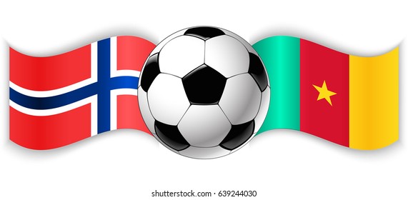 Norwegian and Cameroonian wavy flags with football ball. Norway combined with Cameroon isolated on white. Football match or international sport competition concept.
