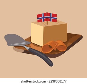 Norwegian cheese with slicer and cheese slice on board. brunost vector illustration.