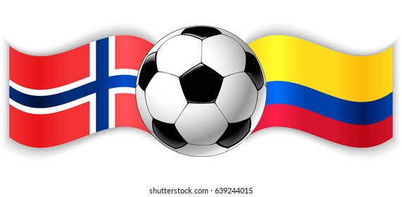 Norwegian and Colombian wavy flags with football ball. Norway combined with Colombia isolated on white. Football match or international sport competition concept.