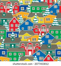 Norwegian colorful houses set hand drawn seamless vector pattern. Country houses wrap, rustic style design. Background of the northern city with snow-covered Christmas trees. 