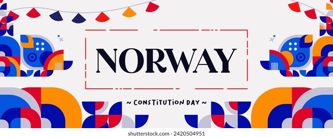 Norwegian Constitution Day banner in colorful modern geometric style. Happy Norway national independence day greeting card cover with typography. Vector illustration for celebrating national holidays