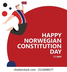 Norwegian constitution day celebration vector illustration with a man jumping and holding the national flag. Suitable for social media post.