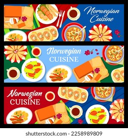 Norwegian cuisine banners, Scandinavian food dishes or lunch and dinner meals, vector. Norway cuisine restaurant dishes of salmon, lamb meat or cabbage stew and pastry waffles with cream krumkake