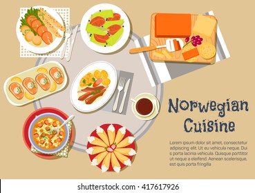 Norwegian cuisine of cheese plate with brunost and jarlsberg cheese, sandwiches,  lamb ribs with swede mash and potatoes, salmon steaks with pancakes, potato dumplings, beef stew and cakes krumkake