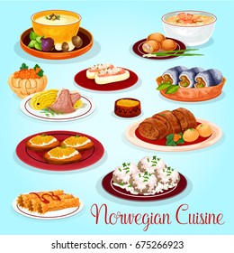 Norwegian cuisine dishes for lunch menu cartoon icon. Salmon and mushroom cream soup, potato salmon pie, herring roll, lamb cabbage stew, stuffed cucumber, fish roll, toast with pike roe, waffle roll