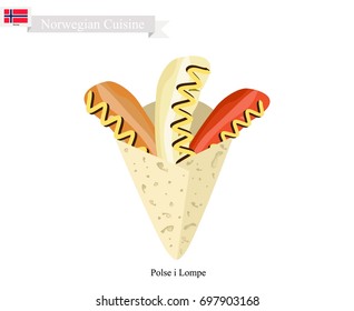 Norwegian Cuisine, Illustration of Polsevogn or Traditional Hot Dog Made of Sausage with Mustard in A Thin Tortilla. One of The Most Famous Dish in Norway.