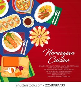 Norwegian cuisine menu cover, food dishes and lunch or dinner meals, vector poster. Norwegian cuisine restaurant salmon sandwiches, beef stew and lamb with potatoes cabbage and meat stew with pastry