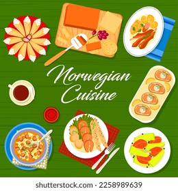 Norwegian cuisine menu cover with Scandinavian food dishes and meals, vector poster. Norway cuisine lunch and dinner food of salmon sandwiches, beef stew kalops and lamb cabbage farikal with pastry