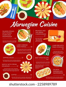 Norwegian cuisine menu with food dishes or lunch and dinner meals, vector. Norway cuisine restaurant menu for salmon sandwiches smorrebrod, lamb cabbage stew farikal and brunost and jarlsberg cheese