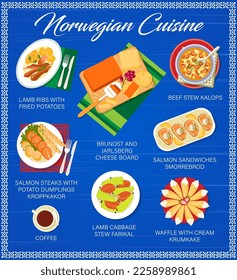 Norwegian cuisine menu, food dishes and Scandinavian meals, vector. Norway cuisine restaurant traditional salmon sandwiches smorrebrod, lamb ribs with fried potatos and beef stew kalops