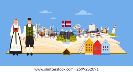 Norwegian culture elements, language and sights of Norway study in infographic collage. Open guide book and mountain landscape, people in traditional costumes and landmarks cartoon vector illustration