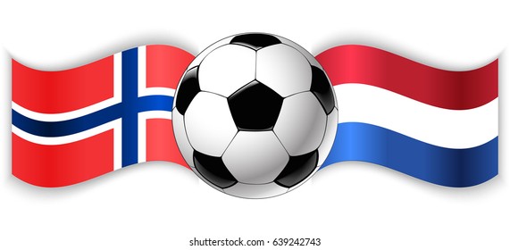 Norwegian and Dutch wavy flags with football ball. Norway combined with Netherlands isolated on white. Football match or international sport competition concept.