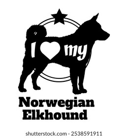 Norueguês Elkhound cão silhueta, eu amo meu cão, cão, raças de cães, logotipo, vetor, silhueta, animal, ilustração, ícone, sinal, preto, animal de estimação,