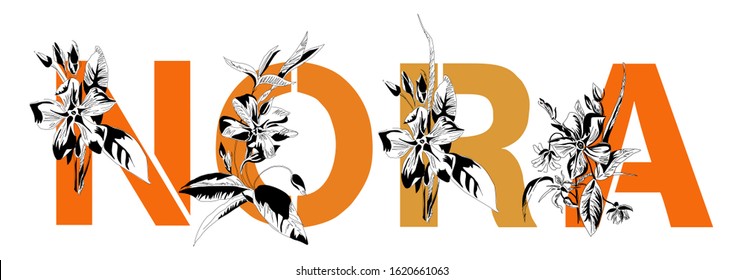 Norwegian female name Nora is golden in color. Flower font composition