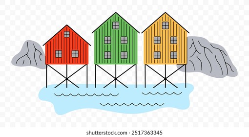 Norwegian fishing village on stilts, graphic design. Houses on stilts, rocks, sea and nature, vector design and illustration