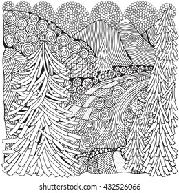 Norwegian fjords. Black and white abstract fantasy picture. Fir trees, river and mountain views. Eco theme. Pattern for coloring book. Hand-drawn, ethnic, retro, doodle, vector, zentangle, tribal