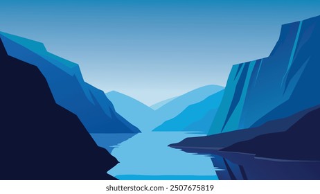 
The Norwegian fjords, showcasing dramatic cliffs and serene waters under a clear blue sky flat vector illustration