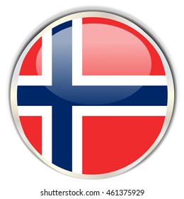 Norwegian Flag. Glossy button with glare in bright round frame.