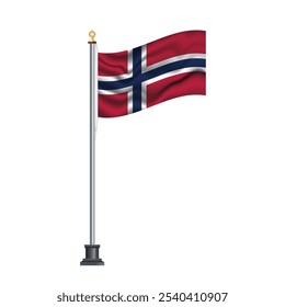 Bandeira norueguesa acenando em um mastro, isolada sobre fundo branco, ilustração vetorial. A bandeira nacional da Noruega.