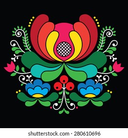 Norwegian folk art pattern - Rosemaling style embroidery on black
  