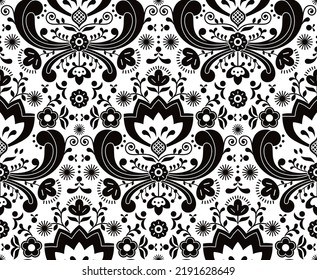 Patrón transparente del vector de arte folclórico noruego - Diseño de bordado estilo Rosemaling en blanco y negro.   
Fondo floral repetitivo inspirado en el arte tradicional noruego aislado en blanco  
  