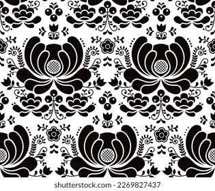 Patrón transparente del vector de arte folclórico noruego - Diseño de bordado estilo Rosemaling en blanco y negro
  