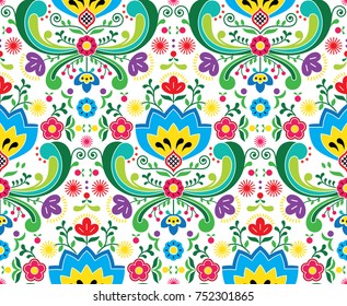 Norwegian folk art vector seamless pattern - Rosemaling style embroidery design
Repetitive floral background inspired by traditional art from Norway isolated on white  
  