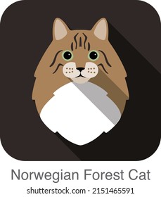 Norwegian Forest Cat, Cat breed face cartoon flat icon design