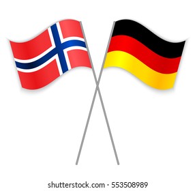 Norwegian and German crossed flags. Norway combined with Germany isolated on white. Language learning, international business or travel concept.