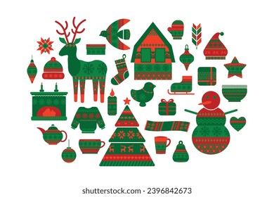 Norwegian green red hand made pattern style Xmas items collection. Winter Christmastime symbols. Festive New Year vector icons isolated on white background for decoration of holiday design