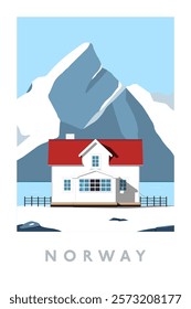 Norwegian house on the background of mountains and lake. Norway. vector