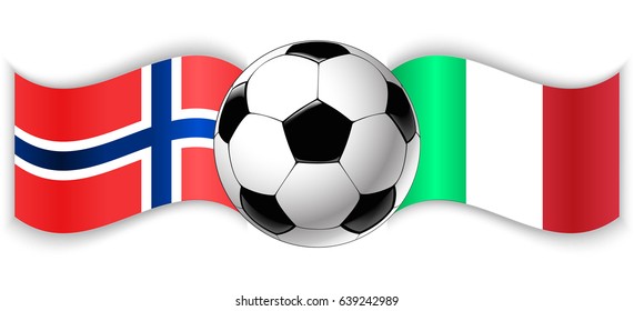Norwegian and Italian wavy flags with football ball. Norway combined with Italy isolated on white. Football match or international sport competition concept.