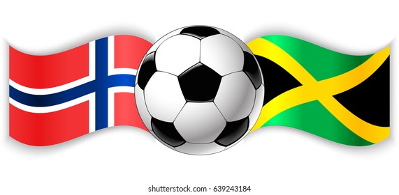 Norwegian and Jamaican wavy flags with football ball. Norway combined with Jamaica isolated on white. Football match or international sport competition concept.