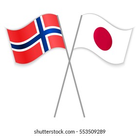 Norwegian and Japanese crossed flags. Norway combined with Japan isolated on white. Language learning, international business or travel concept.