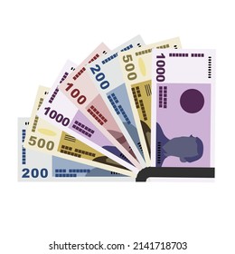 Norwegian Krone Vector Illustration. Norway money set bundle banknotes. Paper money 100, 200, 500, 1000 kr. Flat style. Isolated on white background. Simple minimal design.