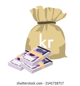 Norwegian Krone Vector Illustration. Norway money set bundle banknotes. Money bag 1000 kr. Flat style. Isolated on white background. Simple minimal design.