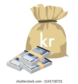 Norwegian Krone Vector Illustration. Norway money set bundle banknotes. Money bag 200 kr. Flat style. Isolated on white background. Simple minimal design.