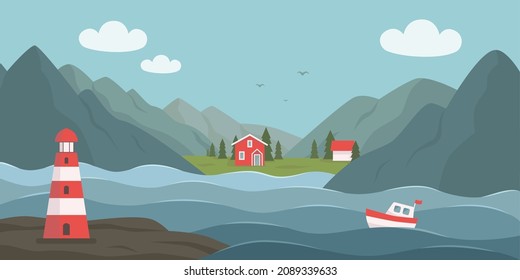 Norwegian landscape in North Europe. Vector illustration. Nature outdoor lifestyle. 