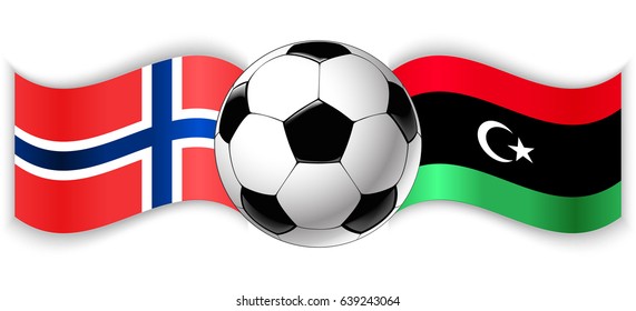 Norwegian and Libyan wavy flags with football ball. Norway combined with Libya isolated on white. Football match or international sport competition concept.