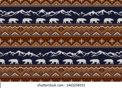 Norwegian national seamless knitted pattern with polar bears against the backdrop of snow-capped mountains