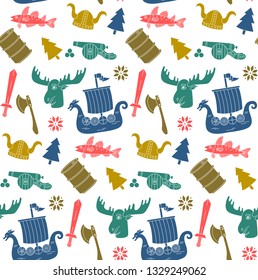 Norwegian norway viking symbols doodle seamless vector pattern